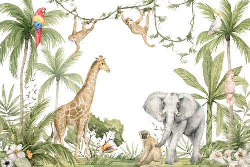 Papier peint panoramique animaux de la jungle en beige et brun