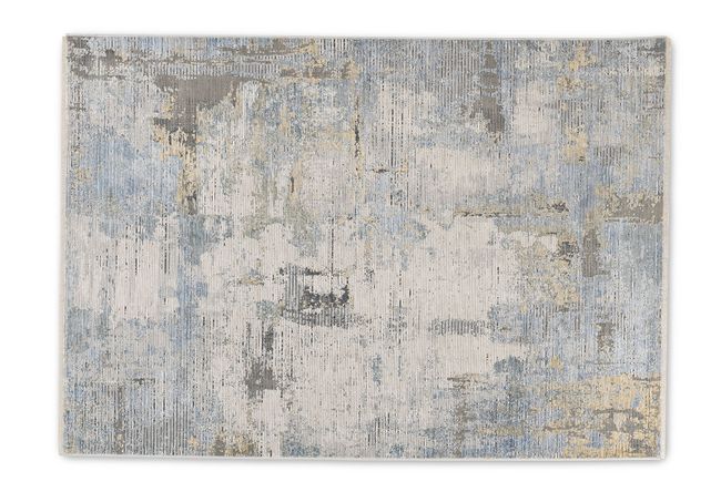Tapis moderne 3D jaune bleu beige | Galon et frange