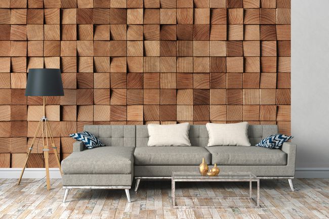 Papier peint panoramique structure en bois en beige et brun