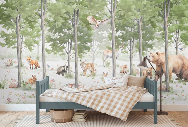 Papier peint panoramique forêt avec animaux en beige et brun