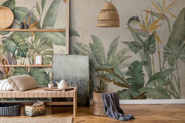 Papier peint panoramique jungle en beige et vert